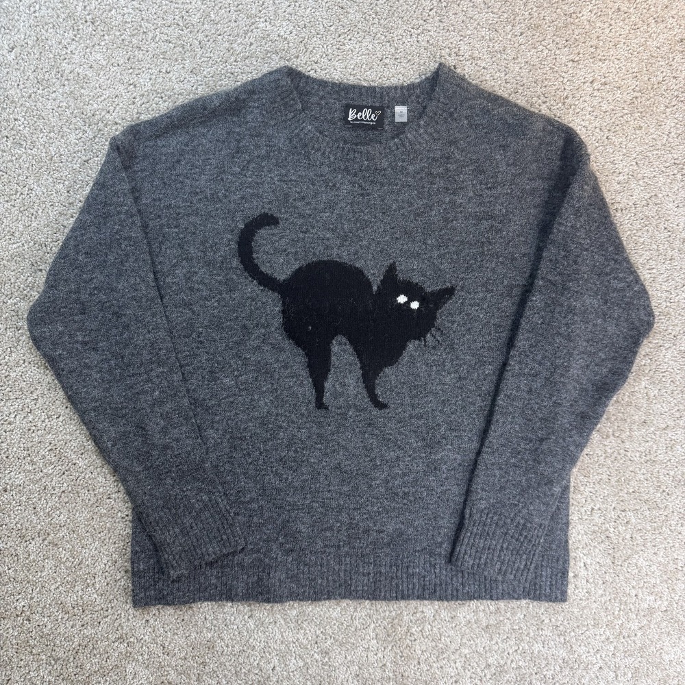 Belle By Ninety Black Cat Halloween Sweater Womens M Gray Knit Pullover